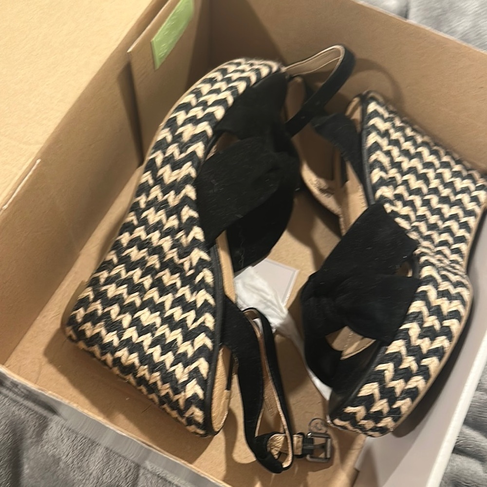 Frye Stylish Black and Cream Wedge Sandals